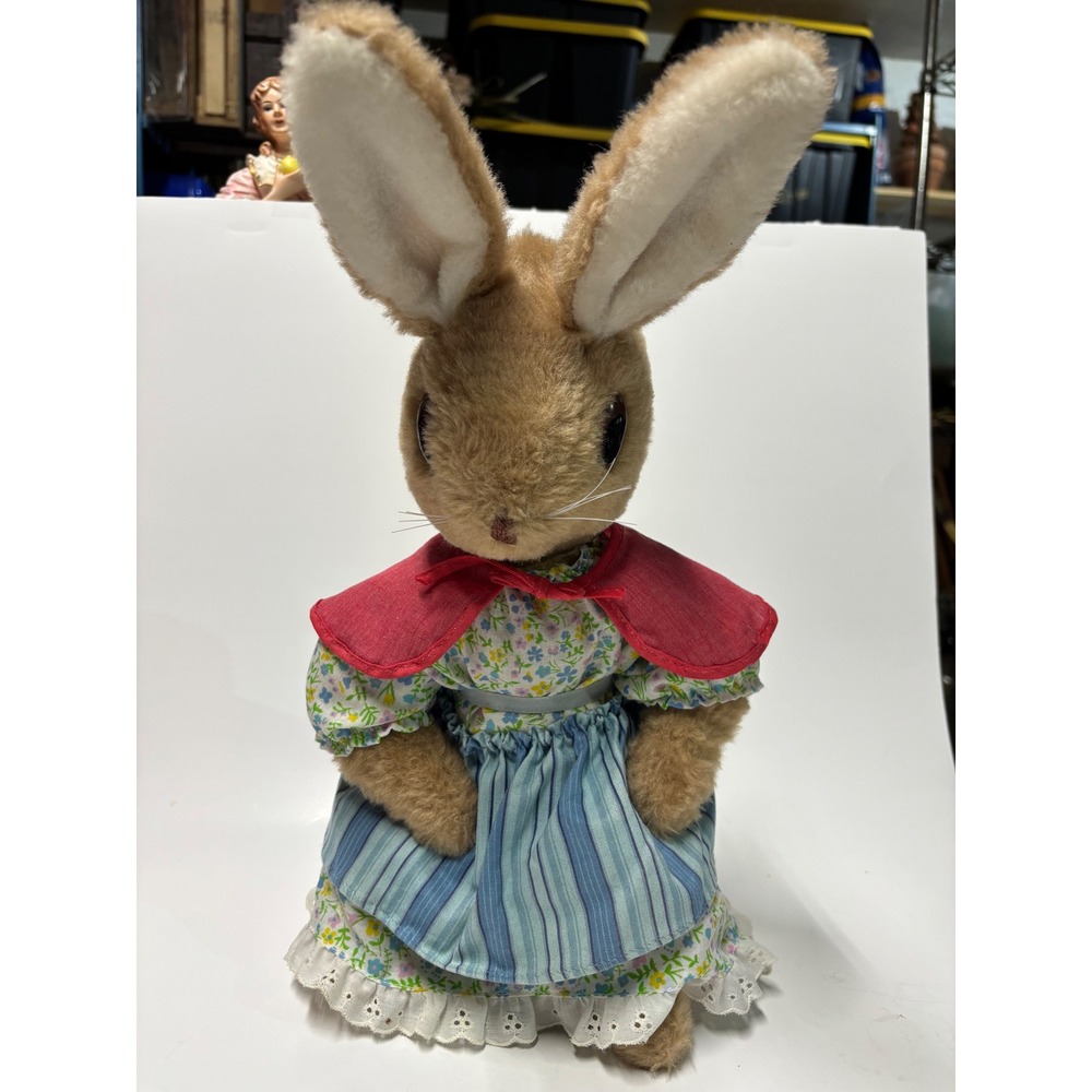 Eden Toys Vintage Plush Bunny Rabbit Floral Dress Striped Apron Red Cape 12 Inch